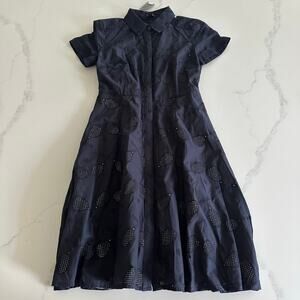 NWT Ann Taylor Navy Eyelet Tennis Racket Pattern Cotton Shirt Dress Size 0P